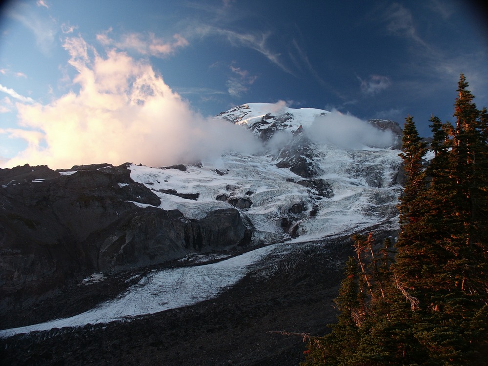 Mount Rainier and its glacier at dusk